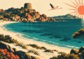 Illustration affiche vintage : dune de sable blanc sarde, crique turquoise, tour nuragique sur une pointe rocheuse, flamant et soleil corail