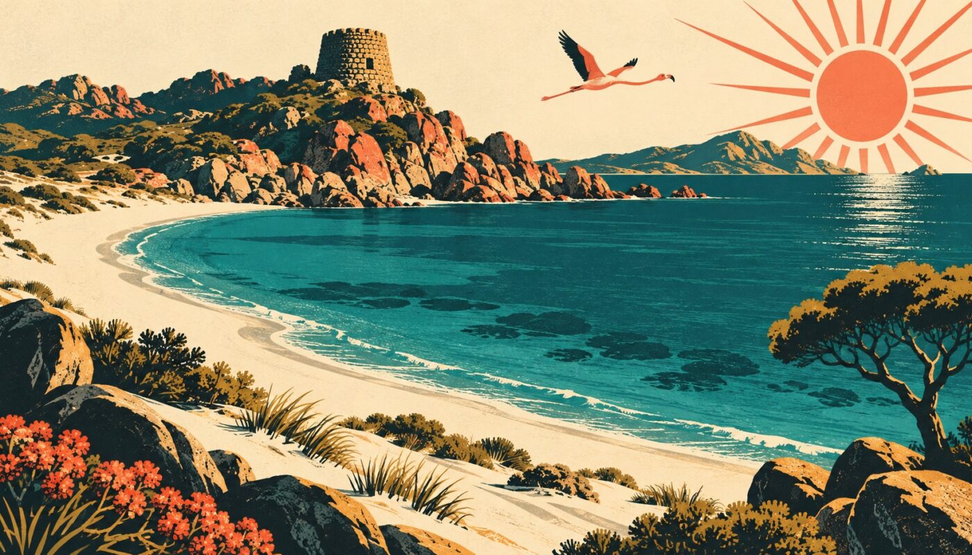 Illustration affiche vintage : dune de sable blanc sarde, crique turquoise, tour nuragique sur une pointe rocheuse, flamant et soleil corail