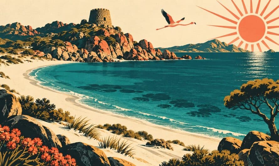 Illustration affiche vintage : dune de sable blanc sarde, crique turquoise, tour nuragique sur une pointe rocheuse, flamant et soleil corail