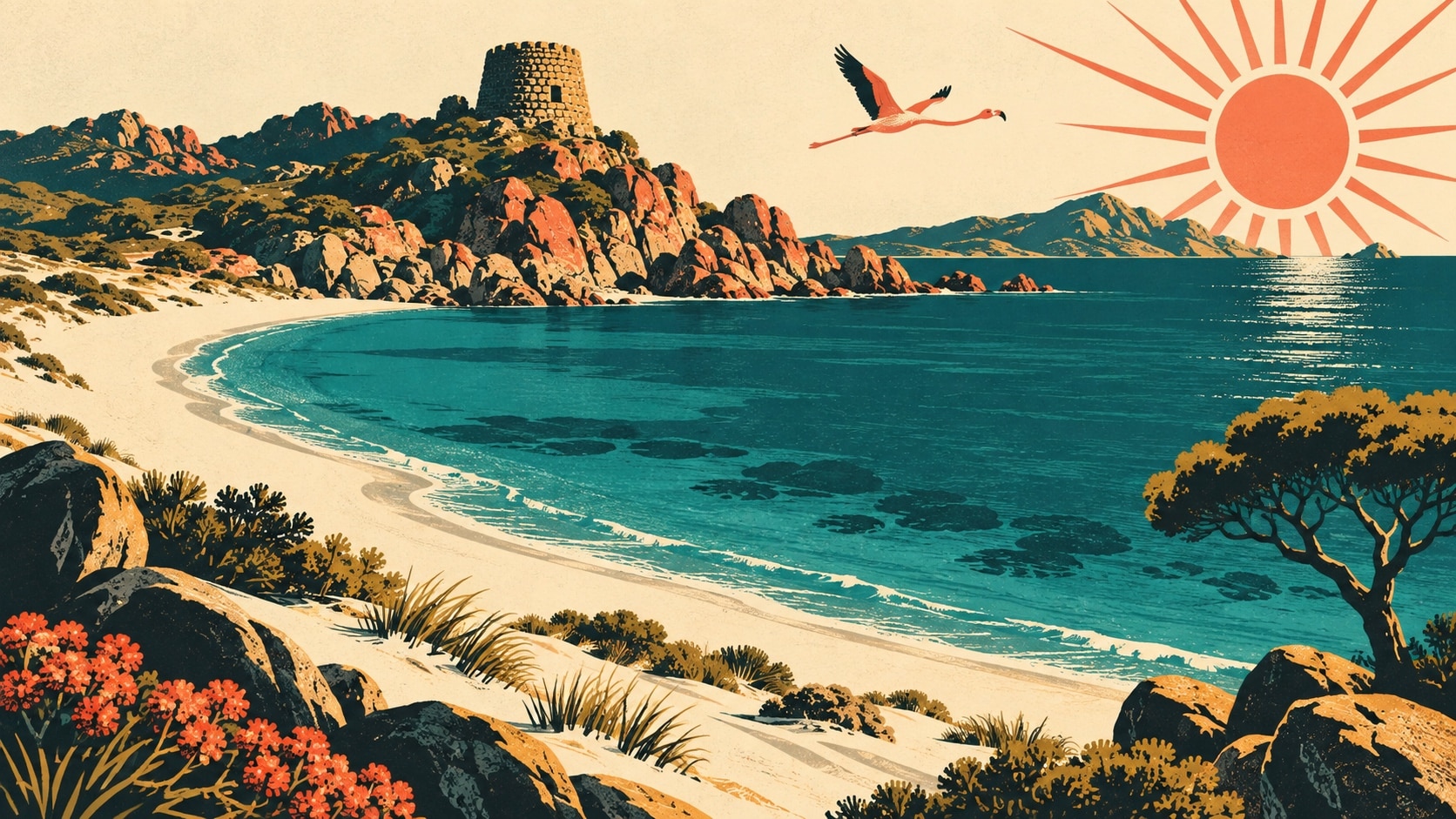 Illustration affiche vintage : dune de sable blanc sarde, crique turquoise, tour nuragique sur une pointe rocheuse, flamant et soleil corail