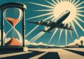 Affiche vintage d un avion decollant vers un soleil rayonnant devant un sablier : vente flash voyage derniere minute