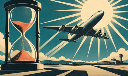 Affiche vintage d un avion decollant vers un soleil rayonnant devant un sablier : vente flash voyage derniere minute