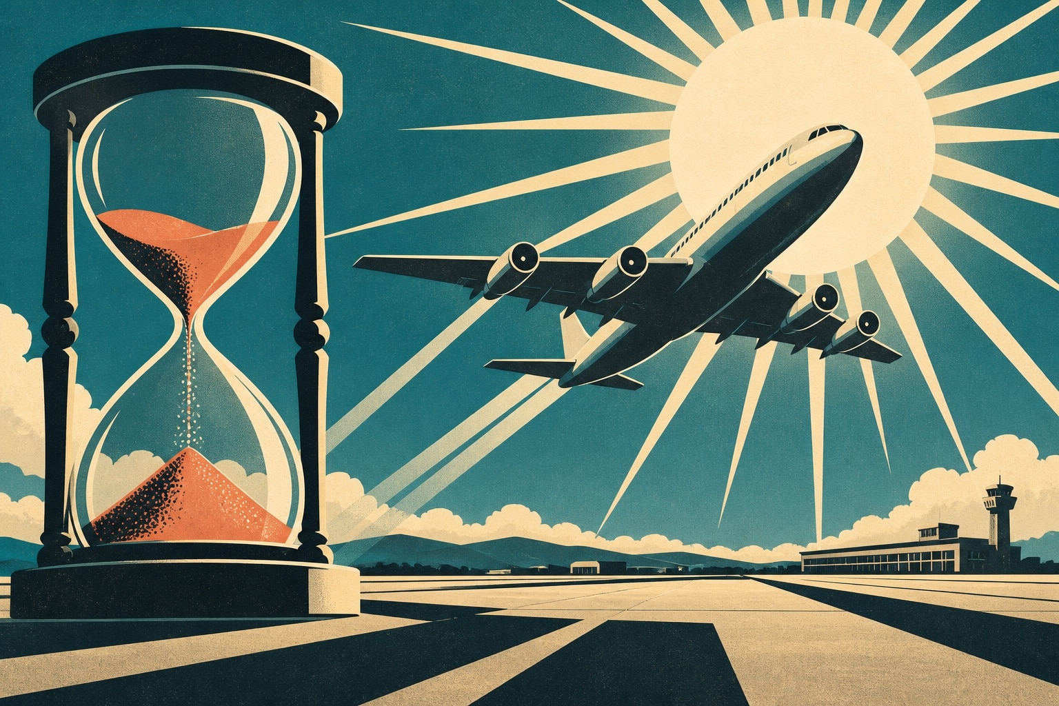 Affiche vintage d un avion decollant vers un soleil rayonnant devant un sablier : vente flash voyage derniere minute