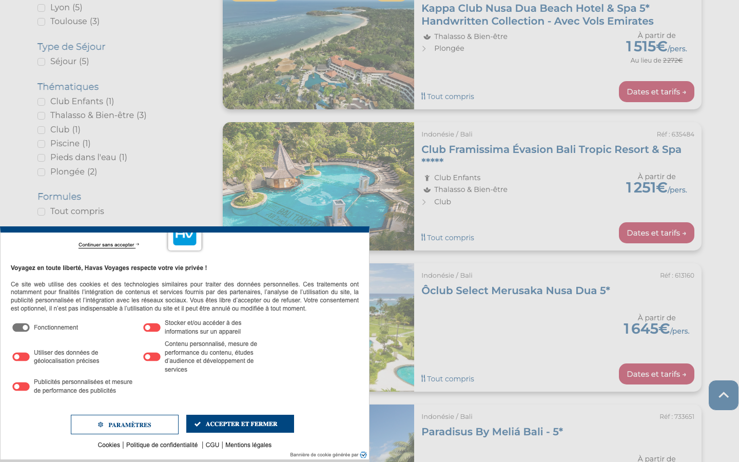 Capture d'écran du 10 septembre 2026 : listing Havas Voyages des séjours Bali tout compris, 5 offres, Kappa Club Nusa Dua à partir de 1 248 euros par personne