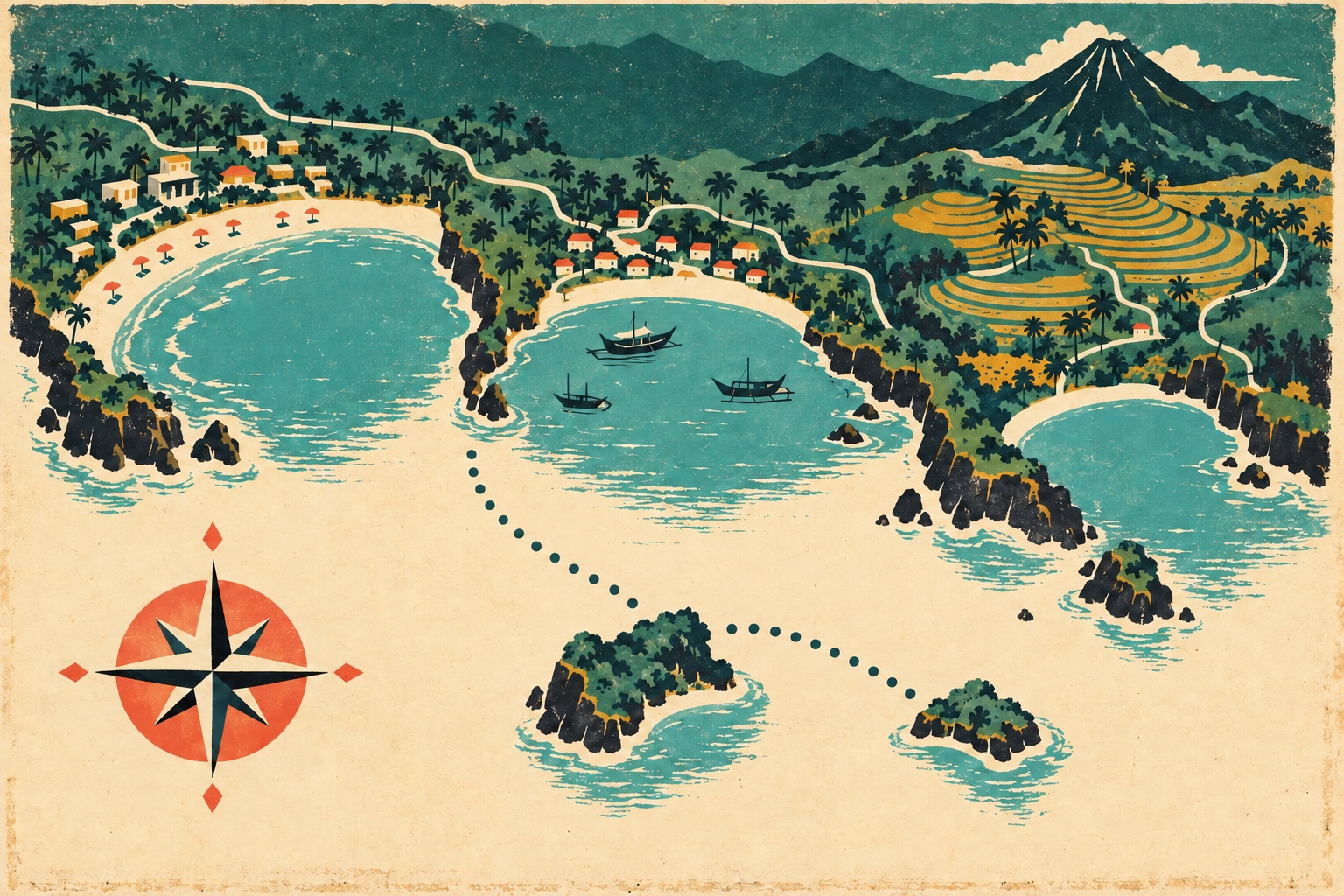 Illustration façon affiche de voyage vintage : carte du sud de Bali avec ses baies, ses rizières en terrasses, une route maritime pointillée vers deux petites îles et une rose des vents