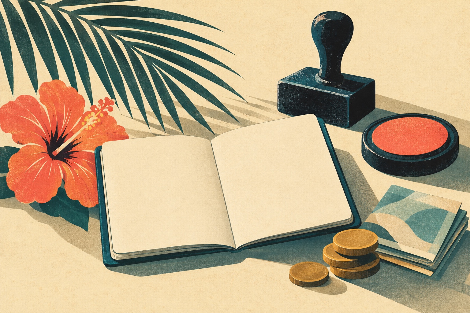 Illustration façon affiche de voyage vintage : passeport ouvert aux pages vierges, tampons ronds, encriers, pièces et billets pliés, fleur tropicale et feuille de palmier, sur une table crème