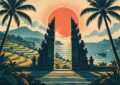 Affiche de voyage vintage des annees 1950 : portique de temple balinais entre deux palmiers, rizieres en terrasses, soleil rayonnant stylise et pirogue, tons bleu petrole et creme