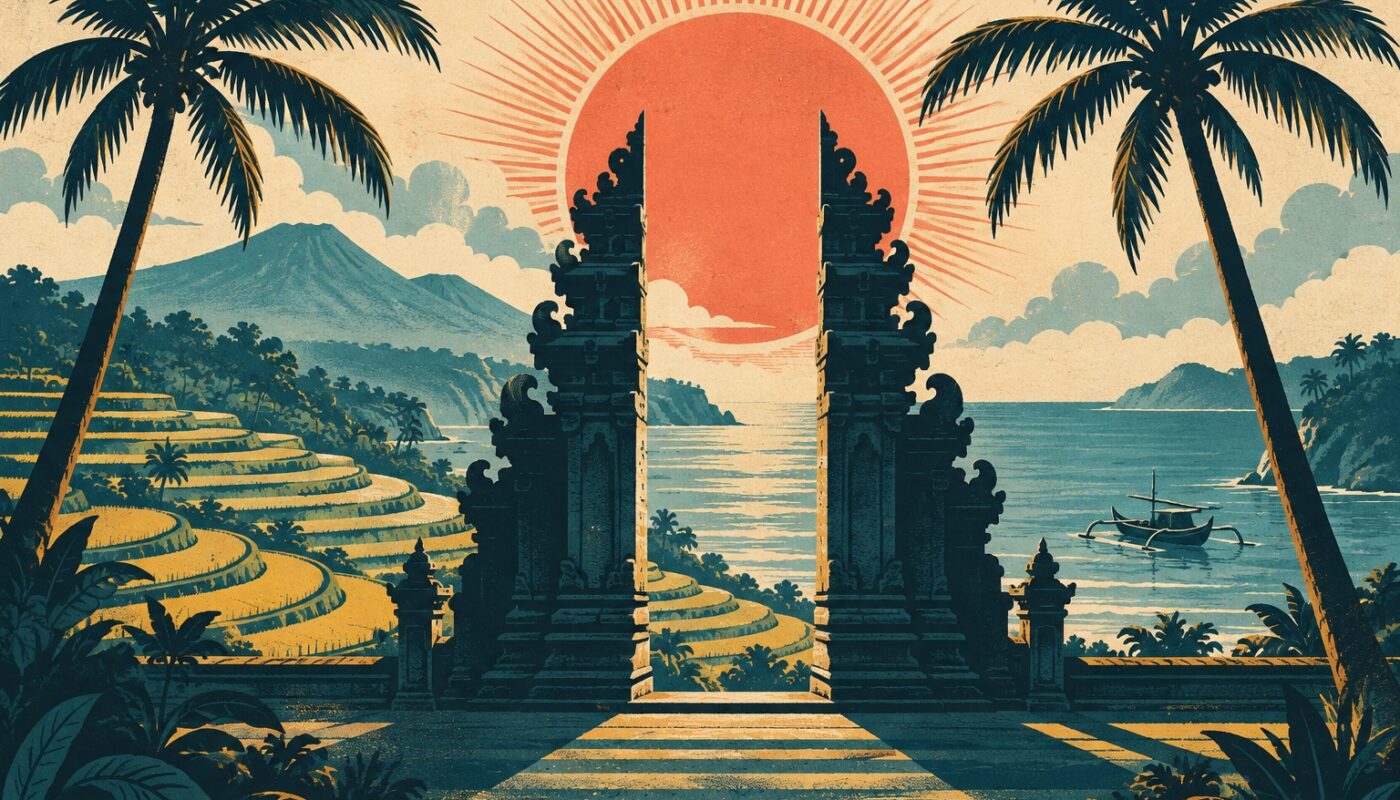 Affiche de voyage vintage des annees 1950 : portique de temple balinais entre deux palmiers, rizieres en terrasses, soleil rayonnant stylise et pirogue, tons bleu petrole et creme