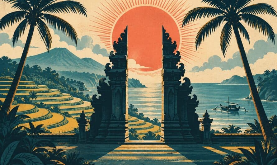 Affiche de voyage vintage des annees 1950 : portique de temple balinais entre deux palmiers, rizieres en terrasses, soleil rayonnant stylise et pirogue, tons bleu petrole et creme
