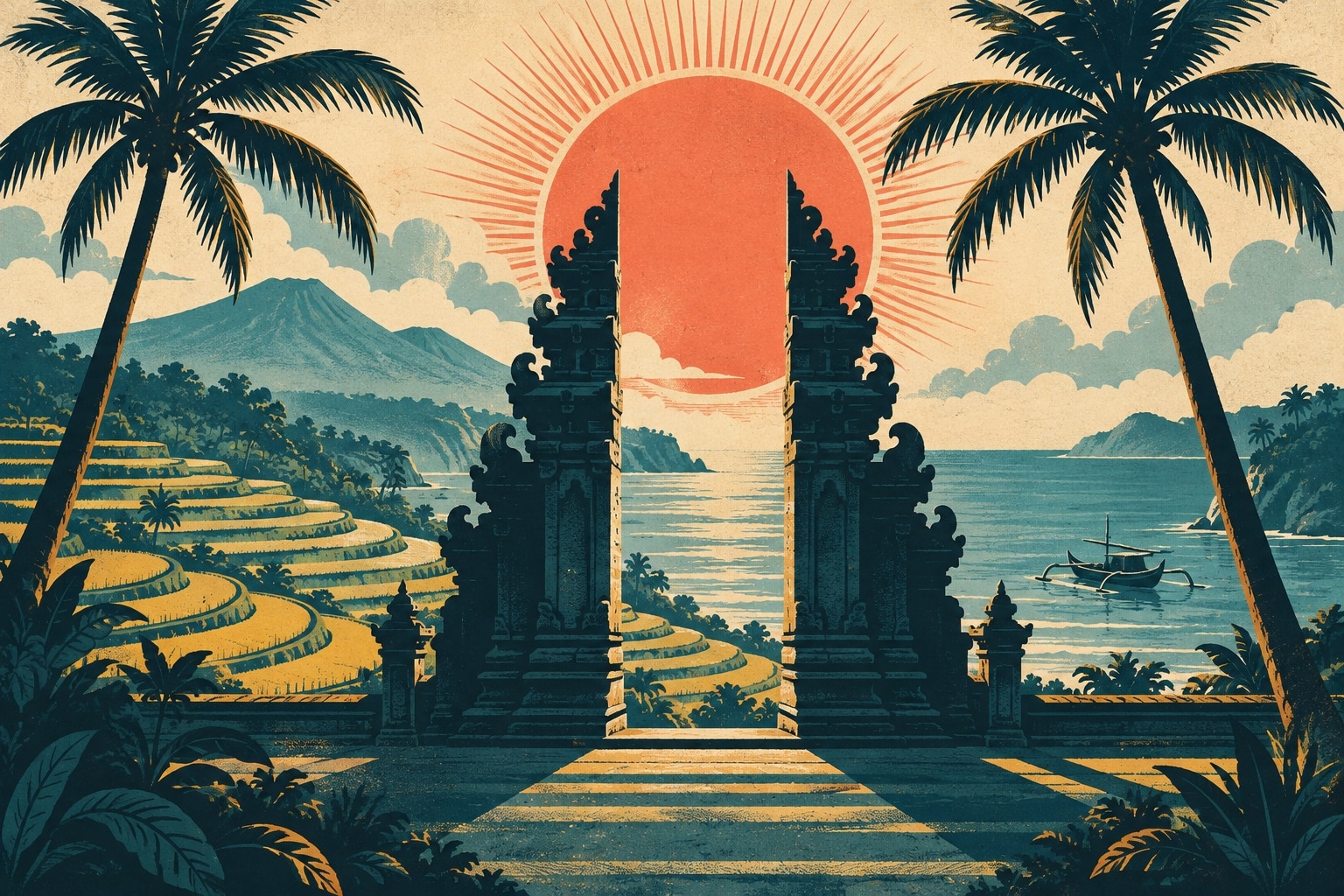 Affiche de voyage vintage des annees 1950 : portique de temple balinais entre deux palmiers, rizieres en terrasses, soleil rayonnant stylise et pirogue, tons bleu petrole et creme