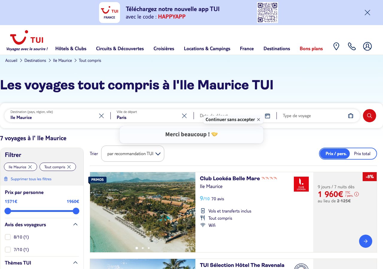 Capture de la page TUI des voyages tout compris à l’île Maurice, relevée le 7 septembre 2026