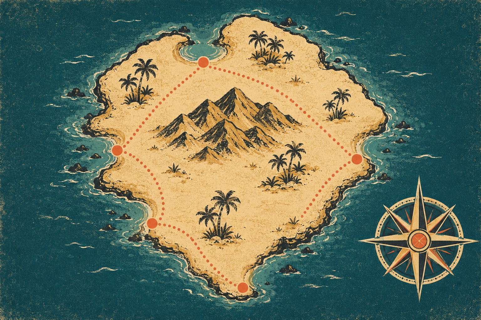 Illustration affiche vintage : une île tropicale vue en plongé, lagon turquoise et récif, cinq plages reliées par une boussole rétro, sous un soleil rayonnant stylisé