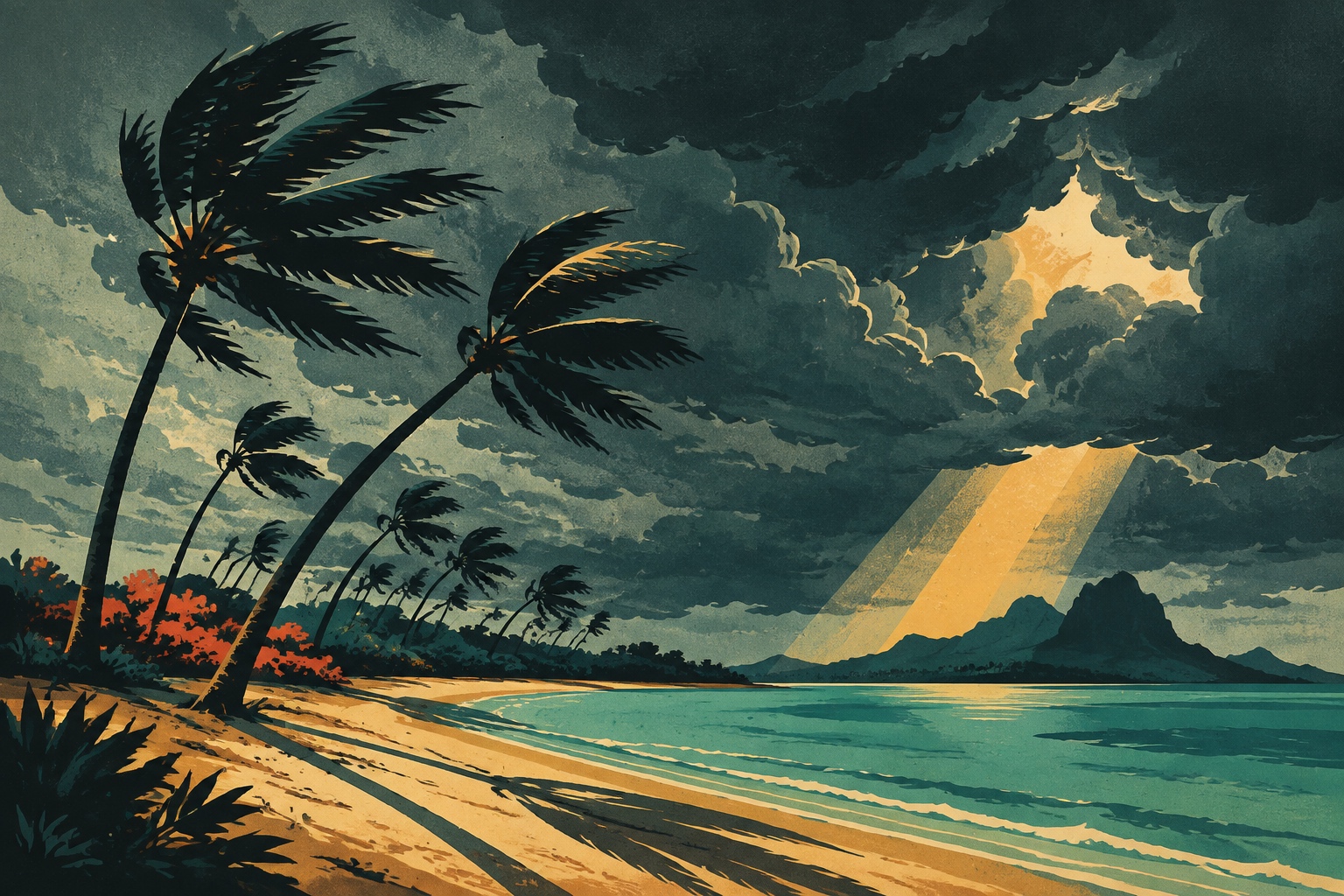 Illustration affiche vintage : palmiers cintrés par un vent de tempête sur une lagune, nuages en aplats sombres et liseré de soleil derrière les nuages, style affiche rétro