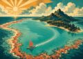 Illustration affiche vintage : lagon turquoise de l’île Maurice vu du ciel, récif corallien, pirogue à balancier et soleil rayonnant rétro
