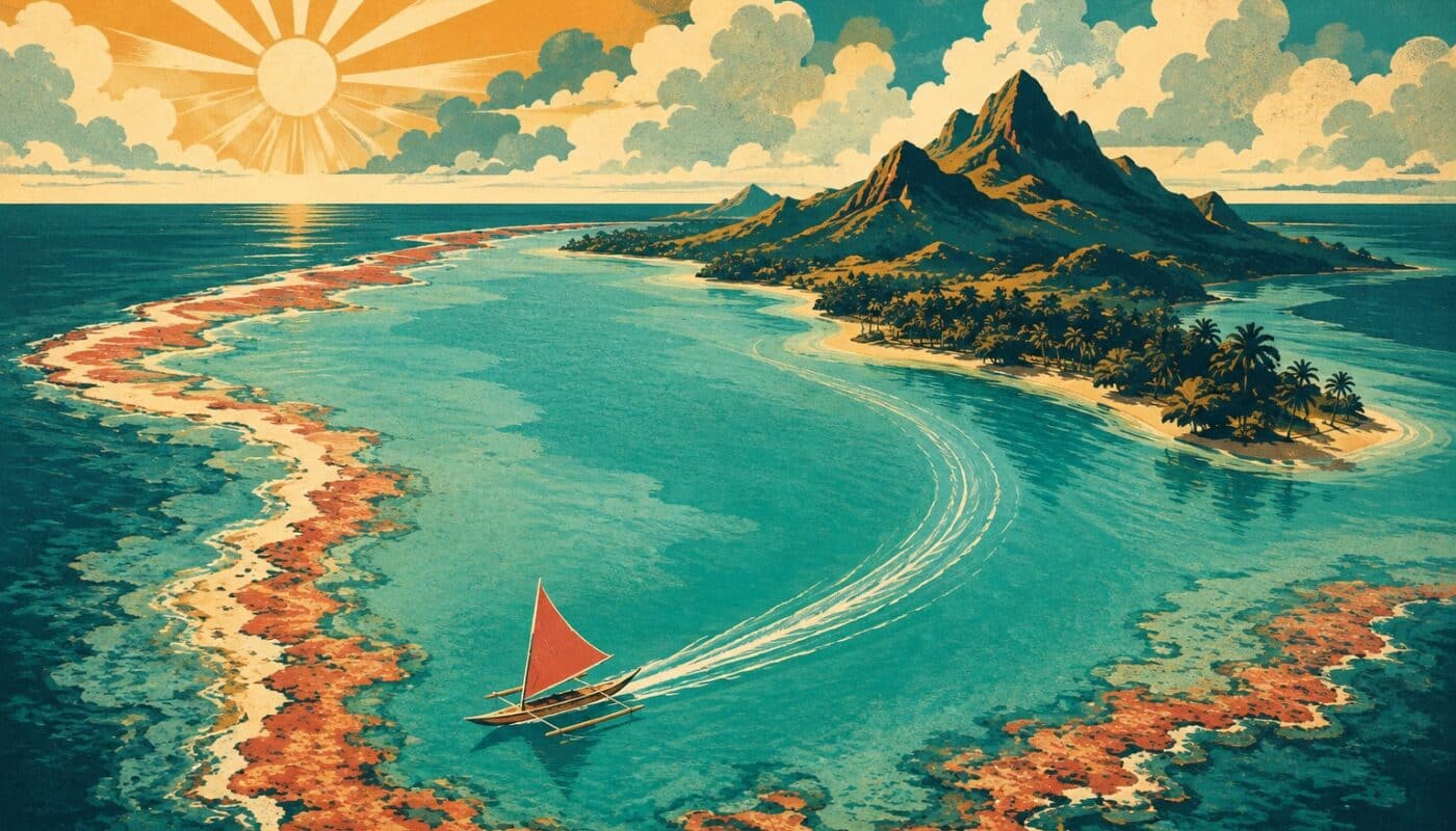 Illustration affiche vintage : lagon turquoise de l’île Maurice vu du ciel, récif corallien, pirogue à balancier et soleil rayonnant rétro