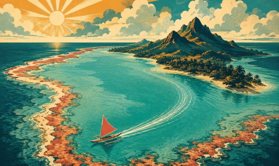 Illustration affiche vintage : lagon turquoise de l’île Maurice vu du ciel, récif corallien, pirogue à balancier et soleil rayonnant rétro