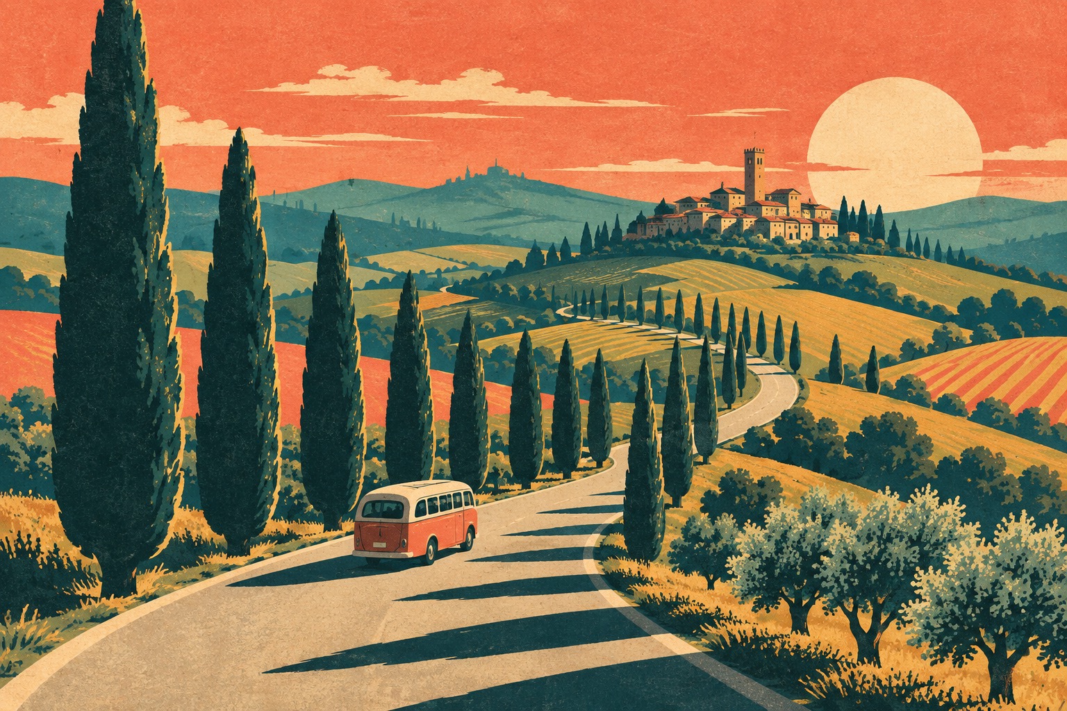 Illustration affiche vintage : route de Toscane bordée de cyprès serpentant vers un village perché, un autocar stylisé sous un soleil rayonnant