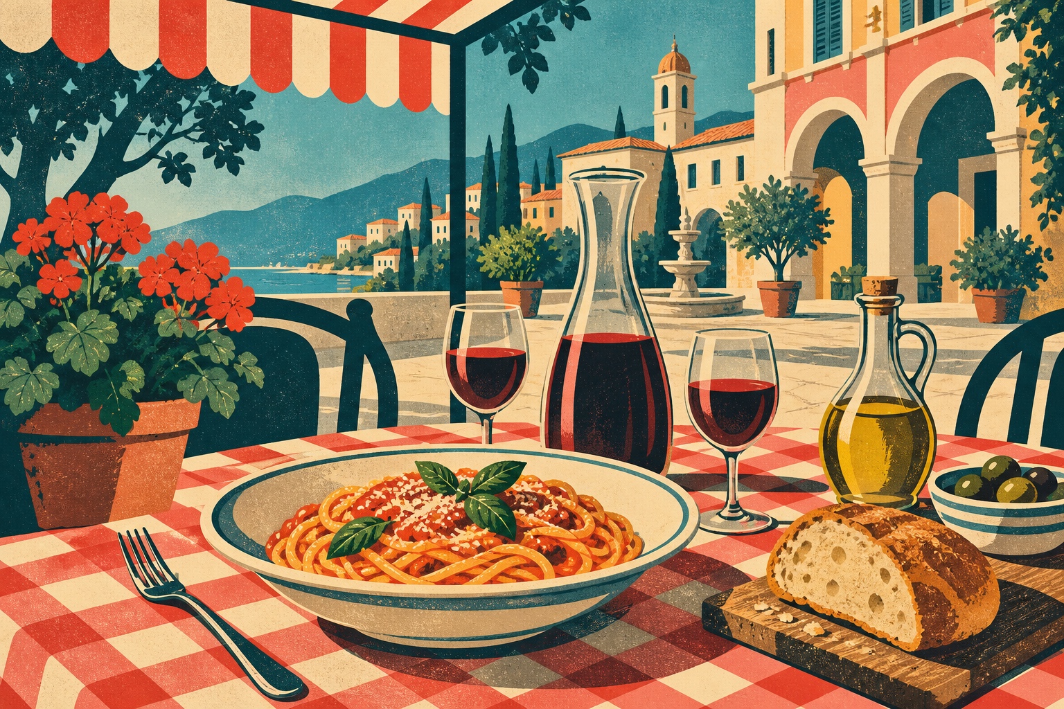 Illustration affiche vintage : table de trattoria à nappe vichy, pâtes et carafe de vin sous une marquise rayée face à une place italienne