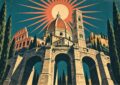 Illustration affiche vintage : contre-plongée héroïque des monuments d'Italie, arcs antiques, dôme de la Renaissance et campanile encadrés de cyprès sous un soleil rayonnant stylisé