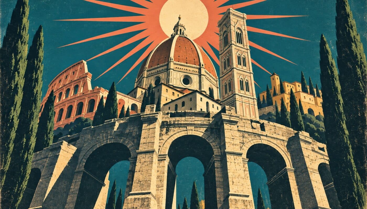 Illustration affiche vintage : contre-plongée héroïque des monuments d'Italie, arcs antiques, dôme de la Renaissance et campanile encadrés de cyprès sous un soleil rayonnant stylisé