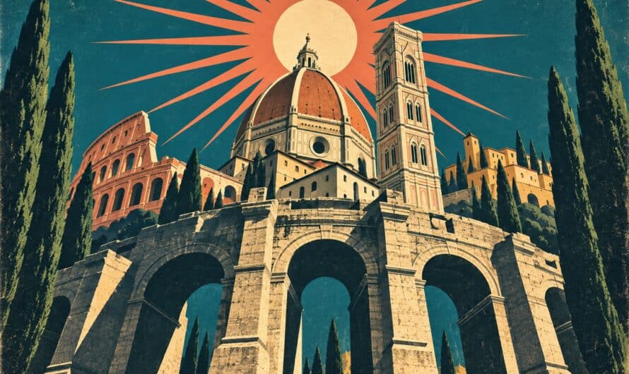 Illustration affiche vintage : contre-plongée héroïque des monuments d'Italie, arcs antiques, dôme de la Renaissance et campanile encadrés de cyprès sous un soleil rayonnant stylisé