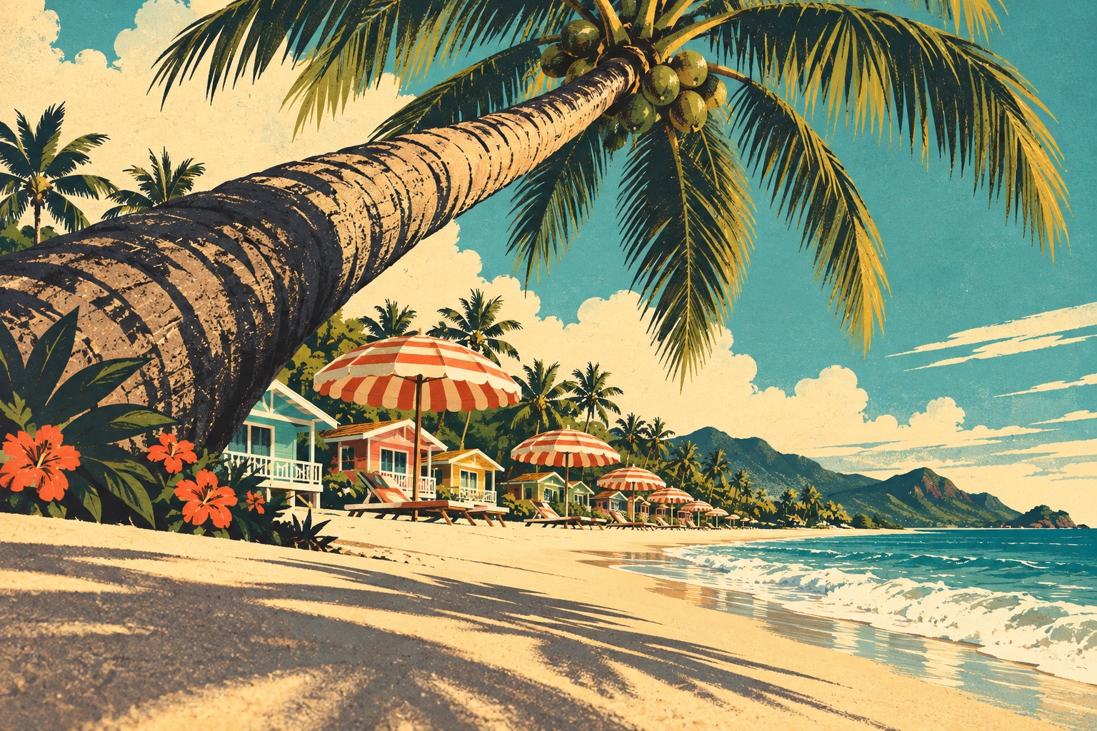Palmier au-dessus d'une plage de République Dominicaine avec parasols rétro et bungalows, illustration façon affiche de voyage vintage