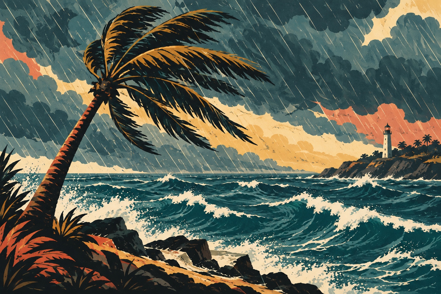 Palmier plié par les vents sous un ciel d'orage au-dessus d'une mer houleuse des Caraïbes, illustration façon affiche vintage