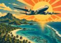 Avion a helices au-dessus d'une ile caraibe de Republique Dominicaine, illustration facon affiche de voyage vintage