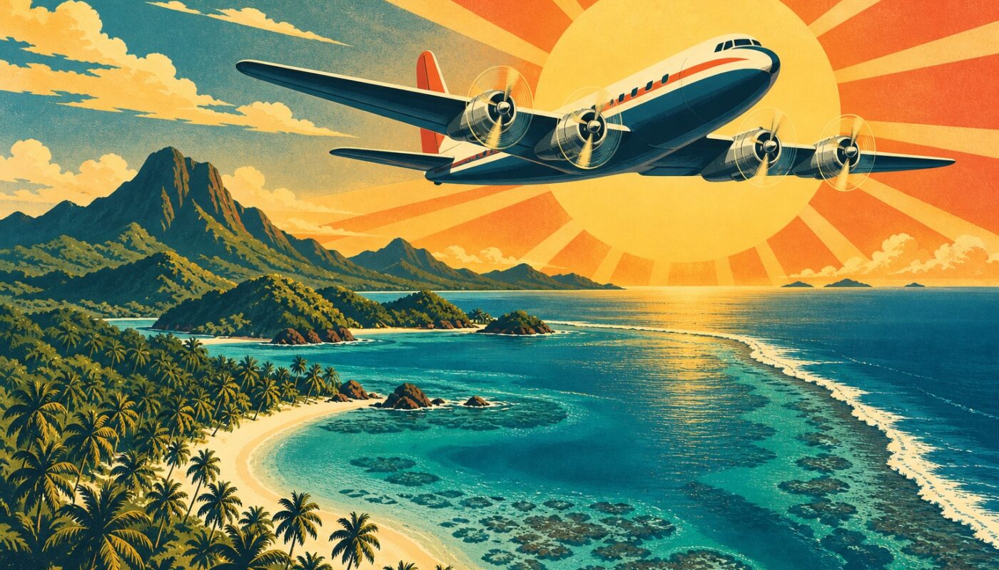 Avion a helices au-dessus d'une ile caraibe de Republique Dominicaine, illustration facon affiche de voyage vintage