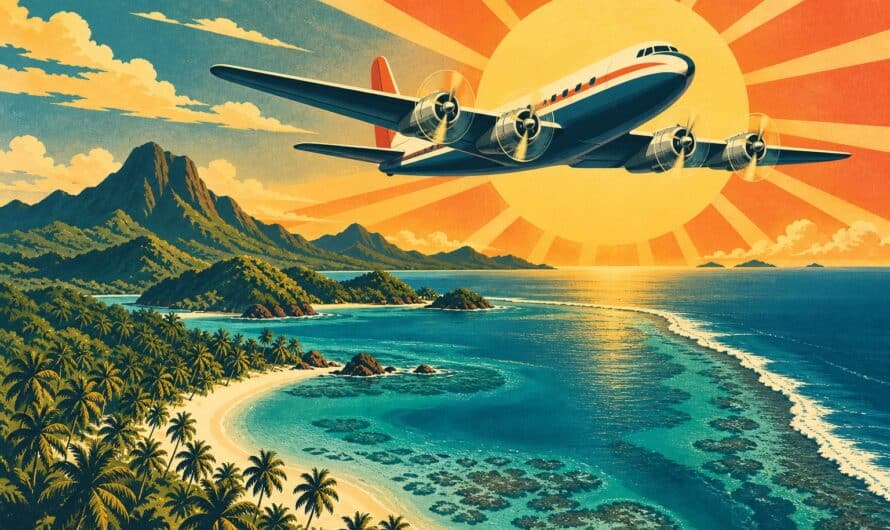 Avion a helices au-dessus d'une ile caraibe de Republique Dominicaine, illustration facon affiche de voyage vintage