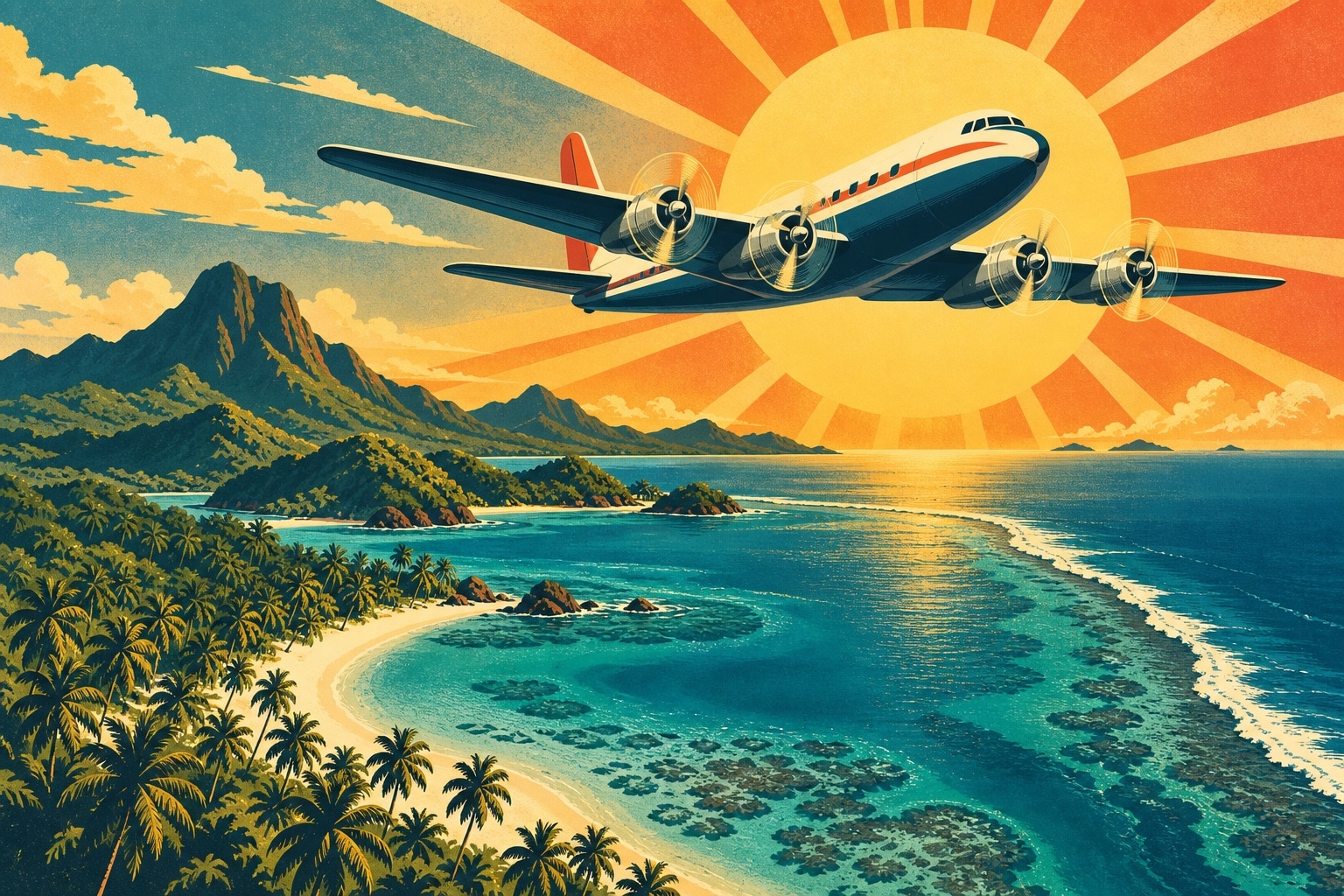 Avion a helices au-dessus d'une ile caraibe de Republique Dominicaine, illustration facon affiche de voyage vintage