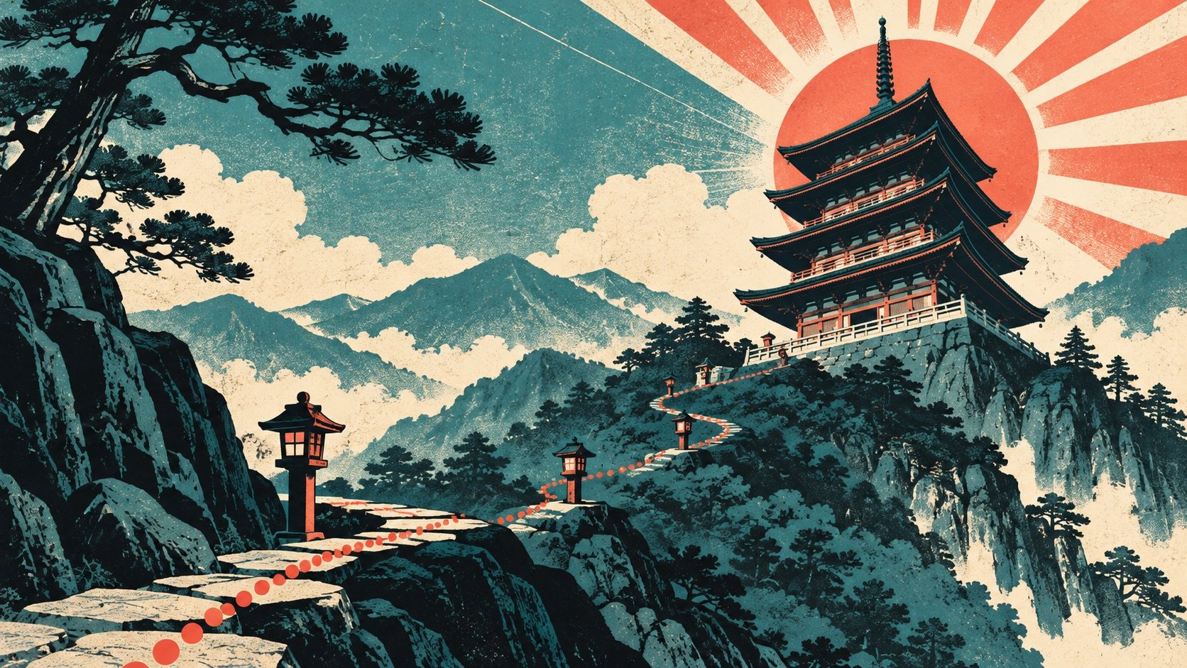 Illustration façon affiche vintage d'une pagode japonaise surmontée d'un itinéraire jalonné de points