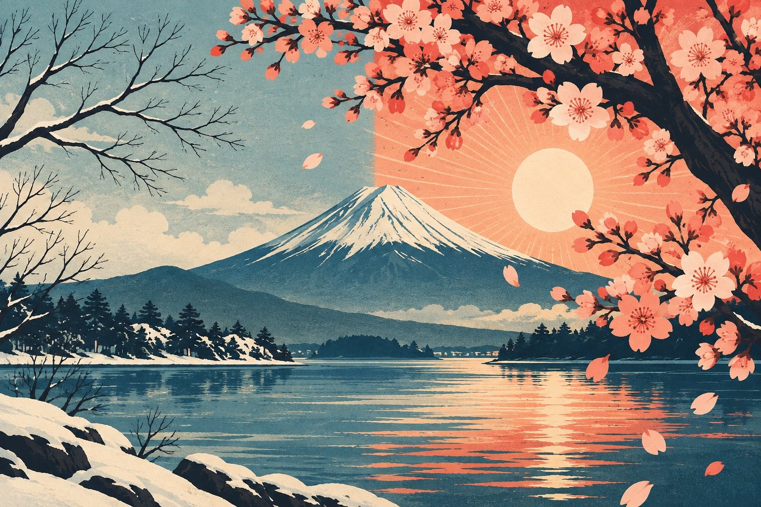 Affiche vintage d'un cerisier en fleurs devant le mont Fuji, entre l'hiver et le printemps