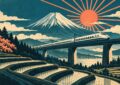 Affiche vintage du mont Fuji avec un shinkansen sur un viaduc et un soleil rayonnant