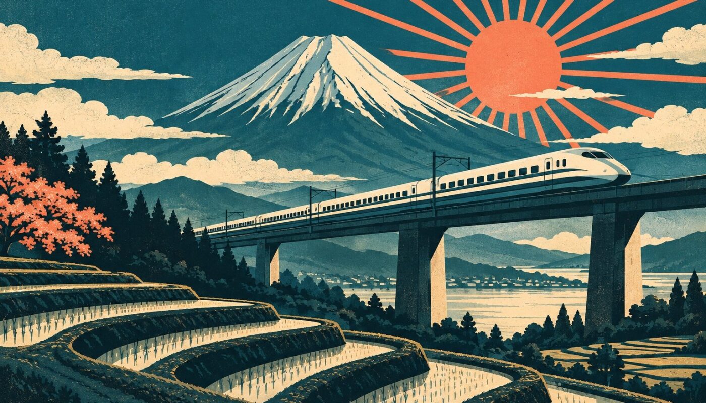 Affiche vintage du mont Fuji avec un shinkansen sur un viaduc et un soleil rayonnant