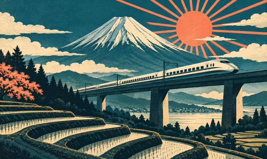 Affiche vintage du mont Fuji avec un shinkansen sur un viaduc et un soleil rayonnant