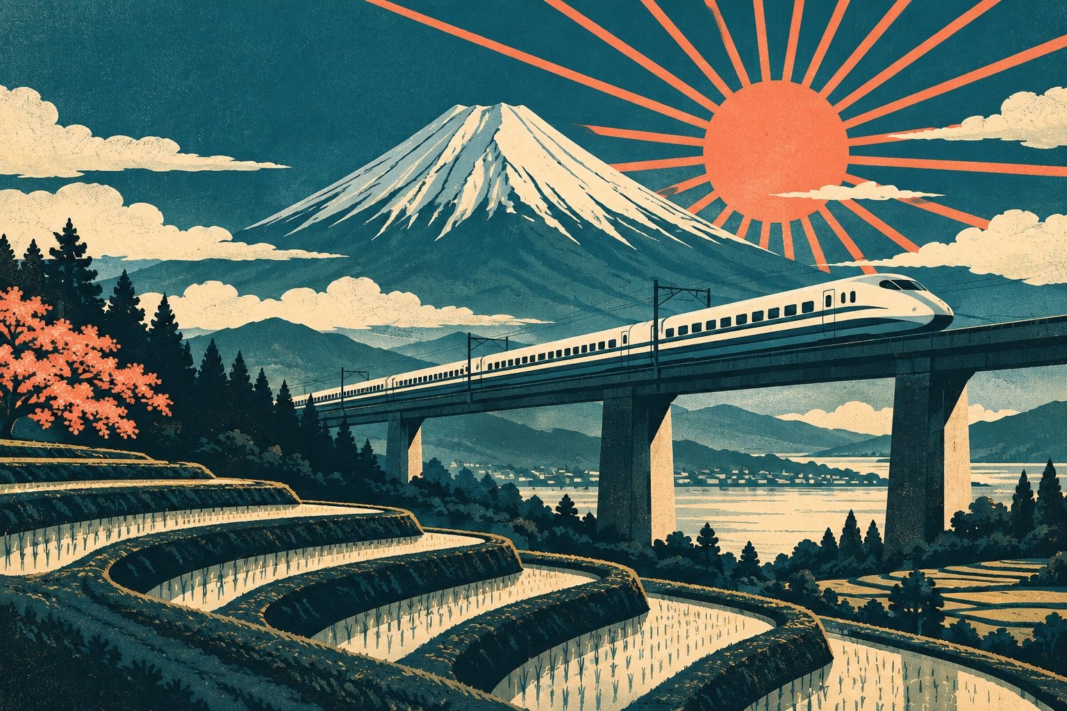 Affiche vintage du mont Fuji avec un shinkansen sur un viaduc et un soleil rayonnant