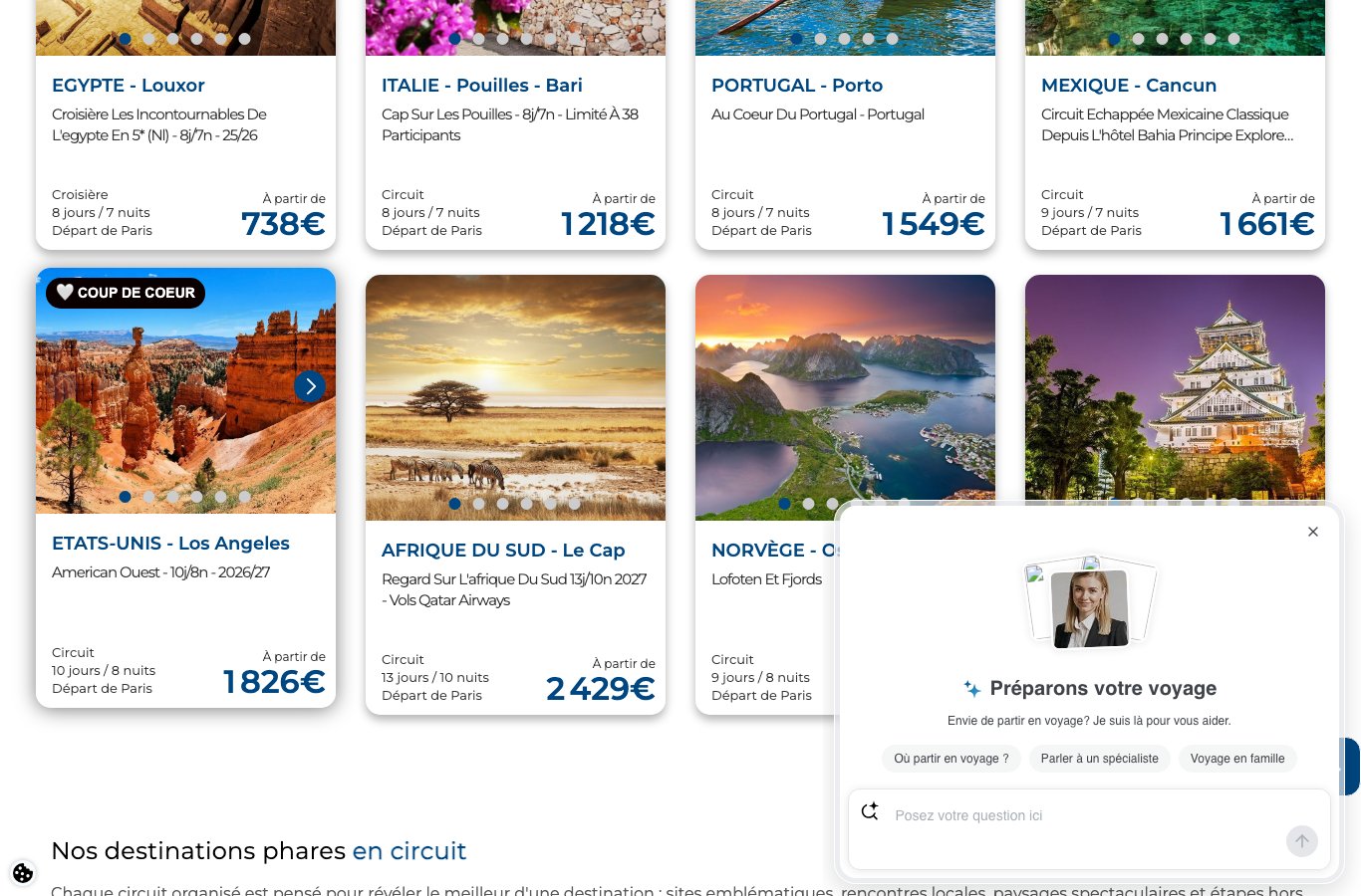 Capture de la page circuits Havas Voyages du 18/09/2026 : Pouilles à partir de 1218 euros, Égypte 738 euros, Portugal 1549 euros, départs de Paris
