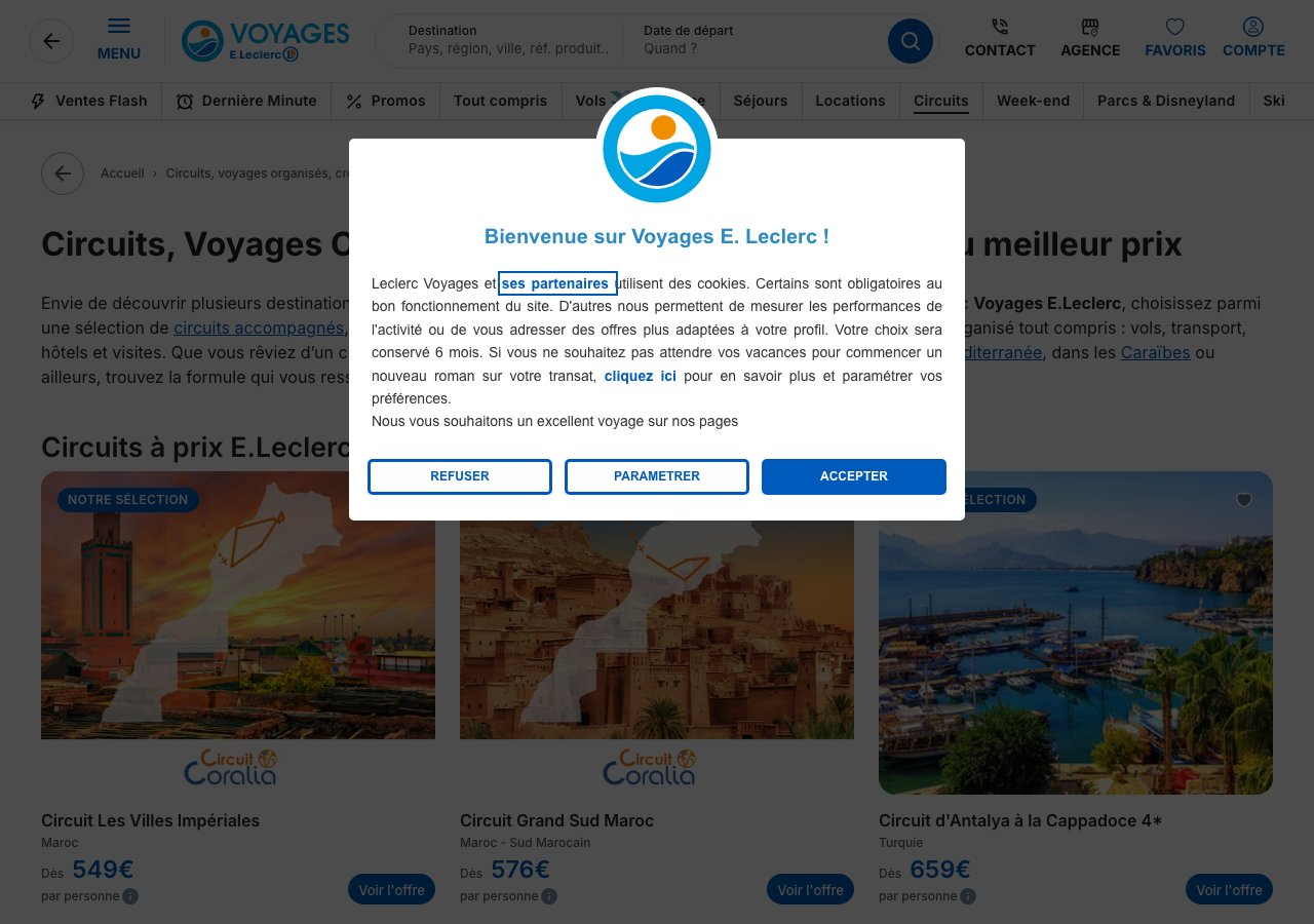 Capture de la page circuits de Voyages E.Leclerc du 18/09/2026 : Villes Impériales du Maroc dès 549 euros par personne, Grand Sud Maroc 576 euros, Antalya Cappadoce 659 euros