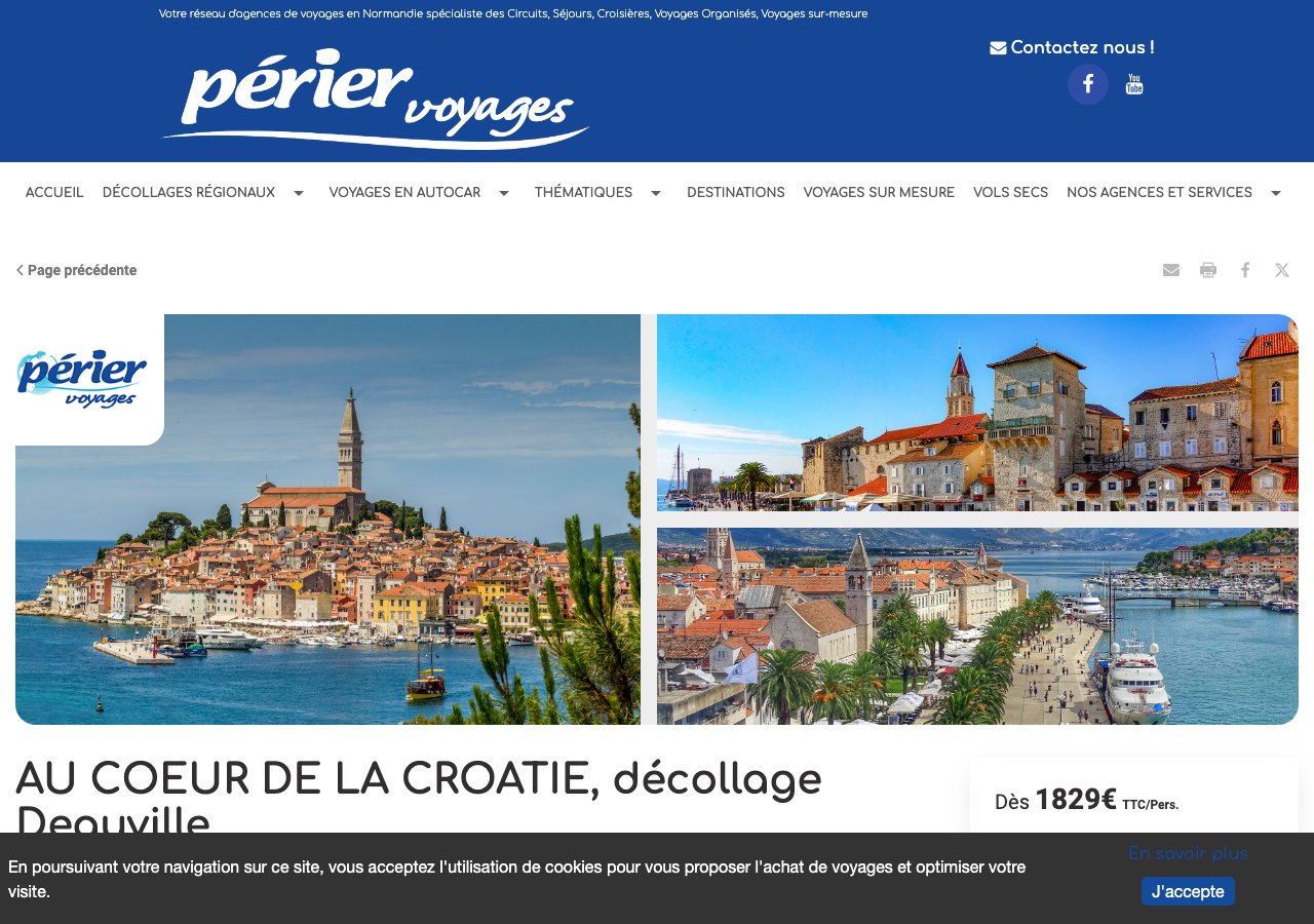 Capture de la fiche circuit Périer Voyages du 18/09/2026 : Au coeur de la Croatie, décollage Deauville, dès 1829 euros TTC par personne, 8 jours et 7 nuits
