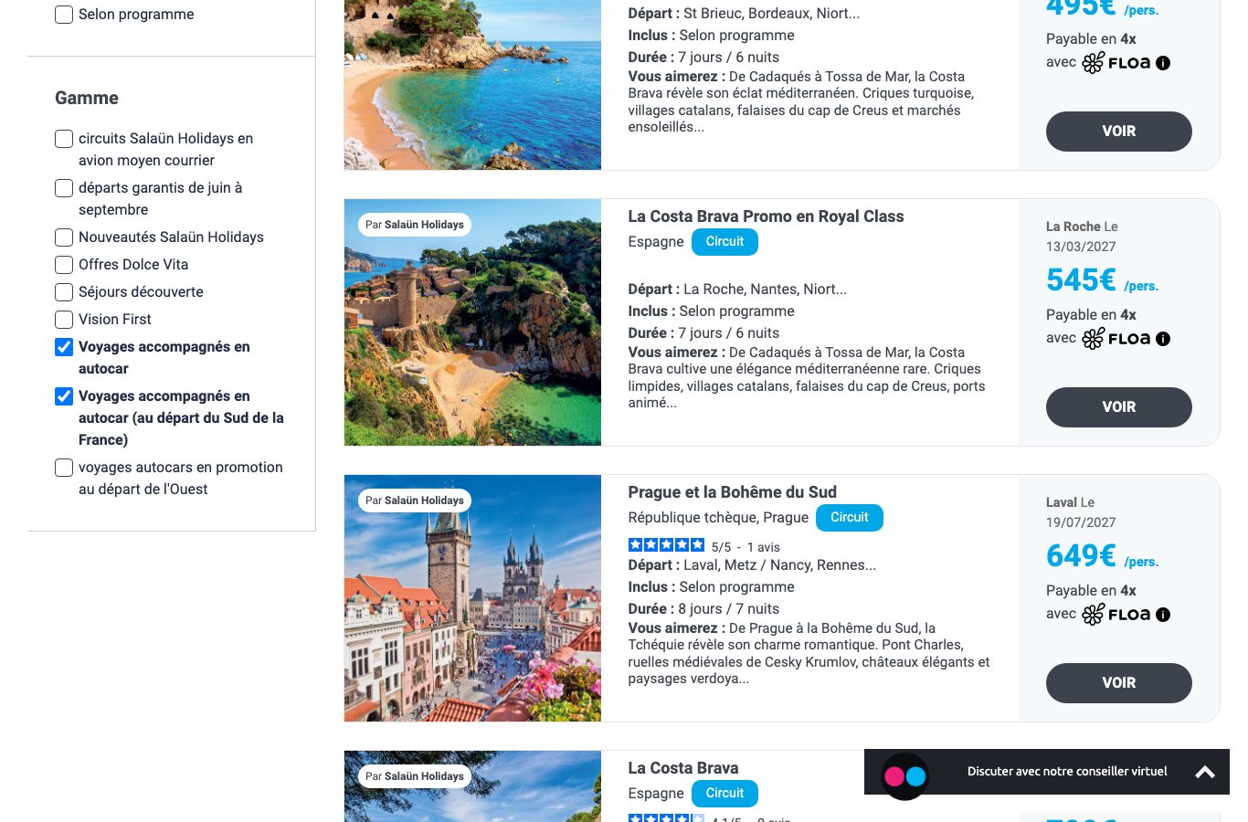 Capture du listing circuits autocar Salaün du 18/09/2026 : Costa Brava Promo 495 euros par personne, Royal Class 545 euros, Prague et la Bohême du Sud 649 euros au départ de Laval