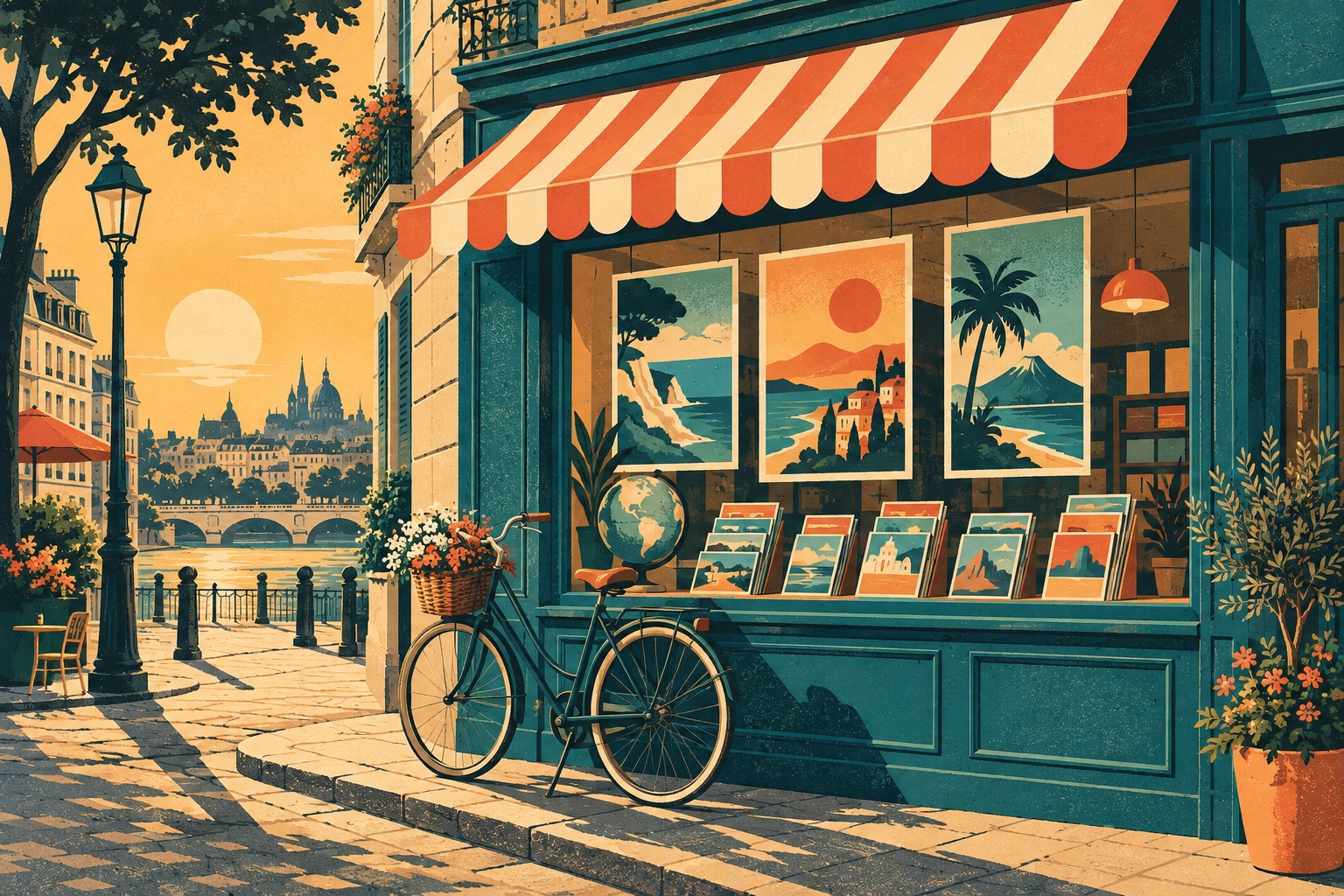 Illustration vintage d&rsquo;une agence de voyages de quartier avec auvent rayé, affiches de destinations et vélo garé devant
