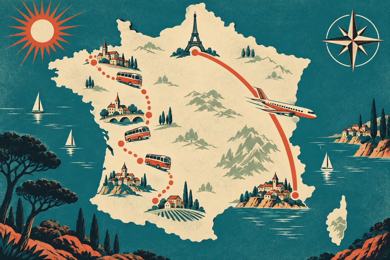 Illustration vintage d&rsquo;une carte de France avec deux itinéraires : une route en pointillés reliant des villes de province par autocar et un arc aérien depuis la capitale