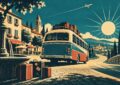Illustration vintage d'un autocar de voyage chargé de valises quittant un village français au lever du soleil, avion et traînée pointillée dans le ciel