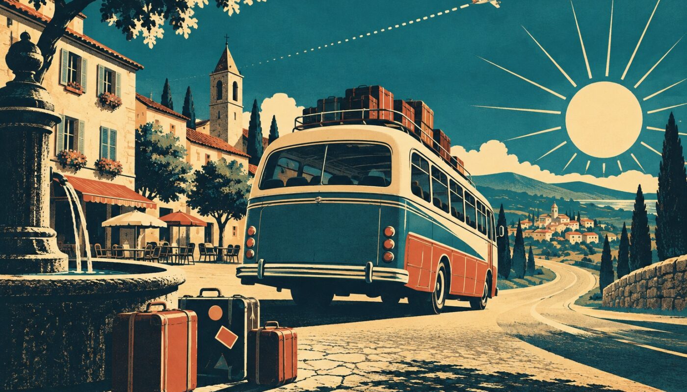 Illustration vintage d'un autocar de voyage chargé de valises quittant un village français au lever du soleil, avion et traînée pointillée dans le ciel
