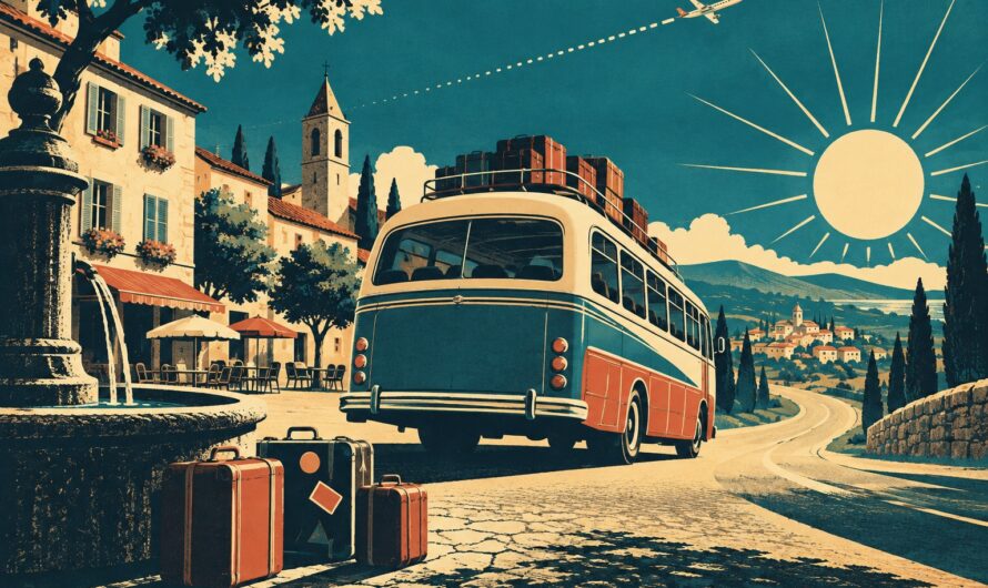 Illustration vintage d'un autocar de voyage chargé de valises quittant un village français au lever du soleil, avion et traînée pointillée dans le ciel