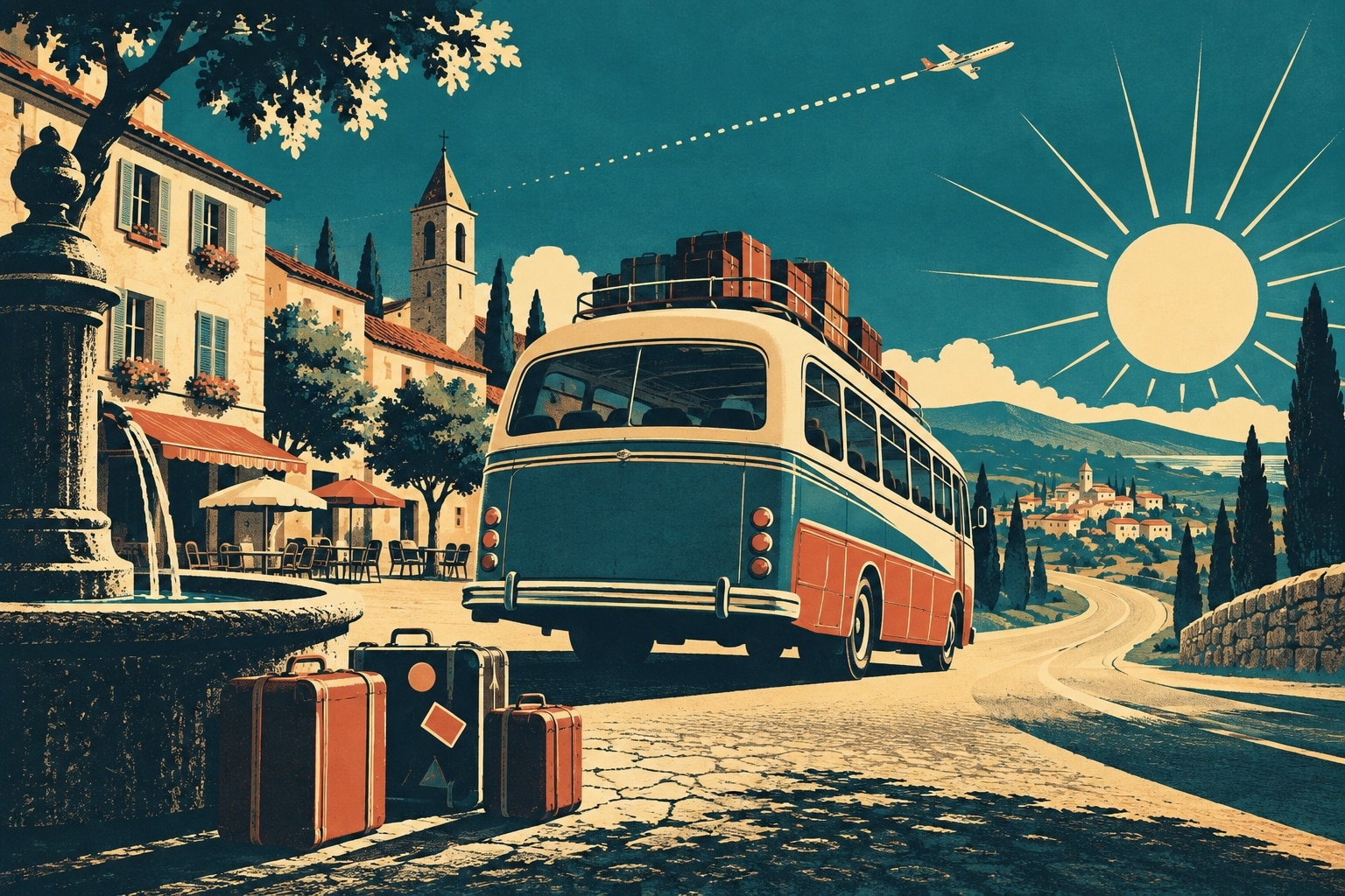 Illustration vintage d'un autocar de voyage chargé de valises quittant un village français au lever du soleil, avion et traînée pointillée dans le ciel