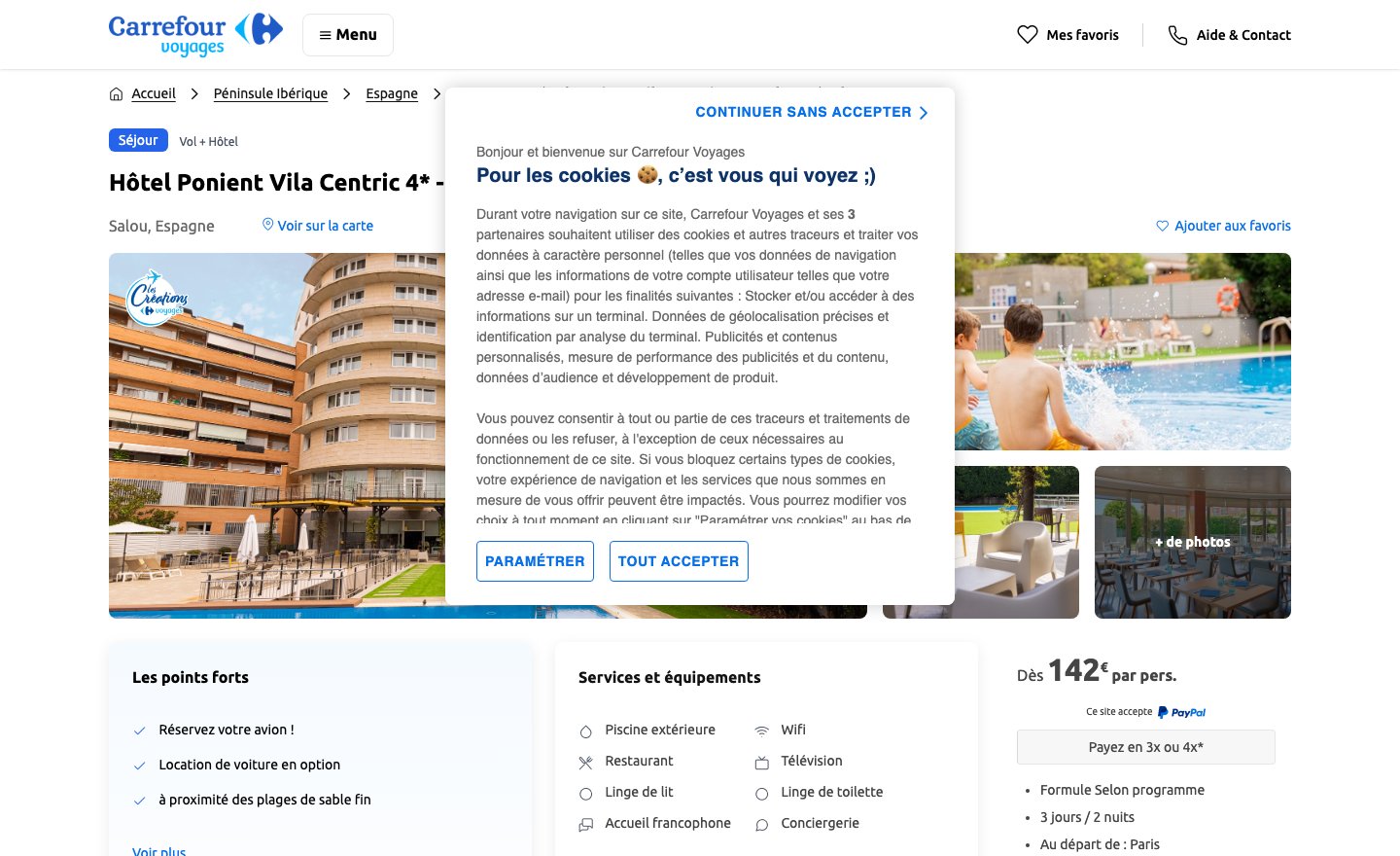 Fiche Carrefour Voyages de l'hôtel Ponient Vila Centric 4* à Salou au 2 octobre 2026 : dès 142 € par personne, 3 jours / 2 nuits, départ Paris, formule selon programme, meilleur prix en janvier 2027.