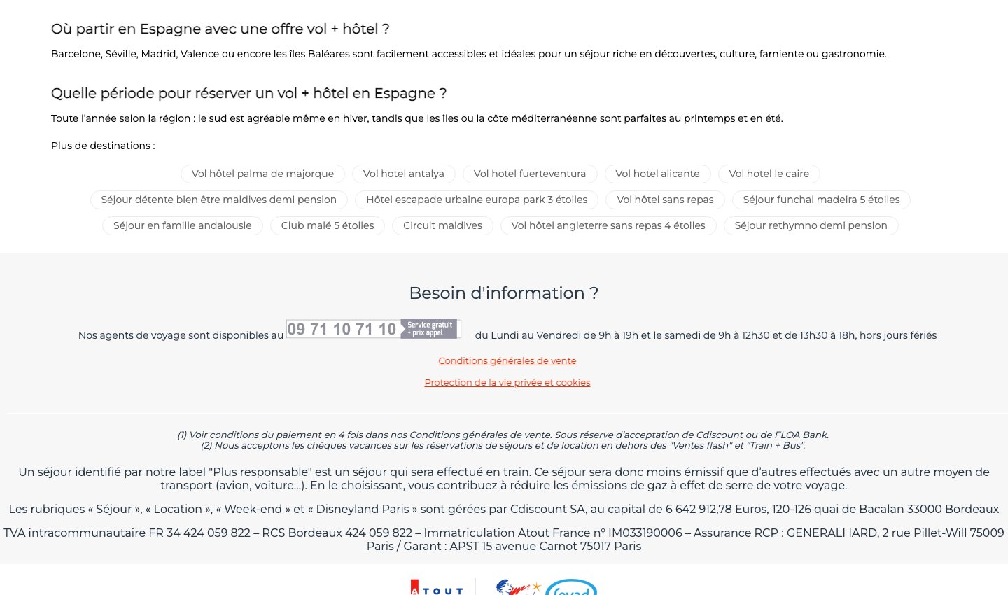 Page Cdiscount « Vol hôtel espagne » au 2 octobre 2026 : compteur de 2 393 offres et carte Cala Gran Costa Del Sur à Majorque affichée « Dès 266 € » pour une durée de 3 à 14 nuits.