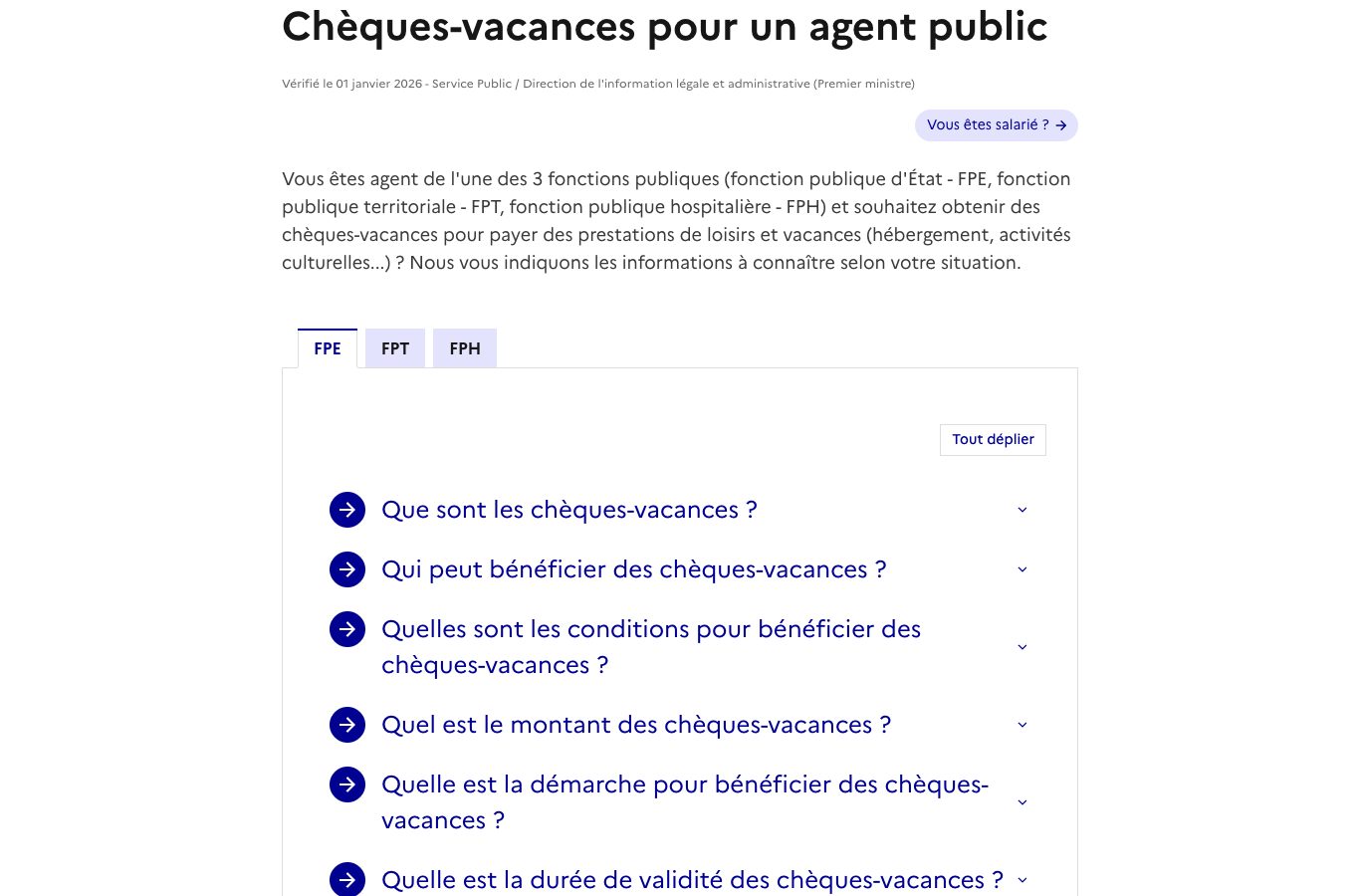 Page « Chèques-vacances pour un agent public » de service-public.gouv.fr, avec les onglets des trois fonctions publiques et la liste des questions sur les conditions et le montant
